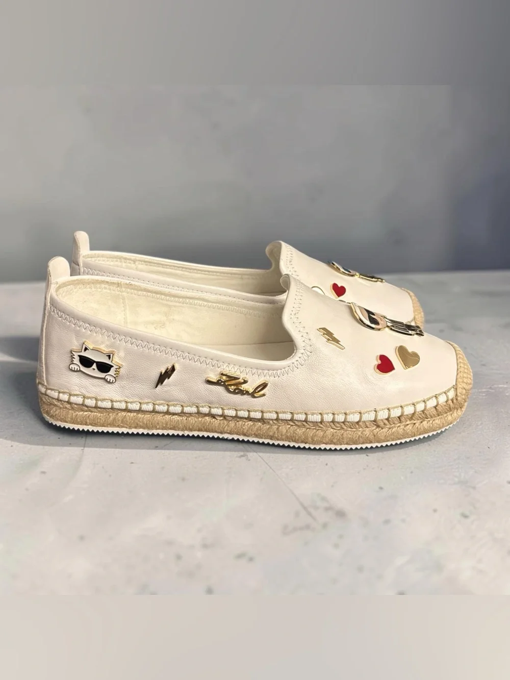 NWOT Karl lagerfeld MICHAELA LEATHER PIN SLIP-ON FLAT ESPADRILLE